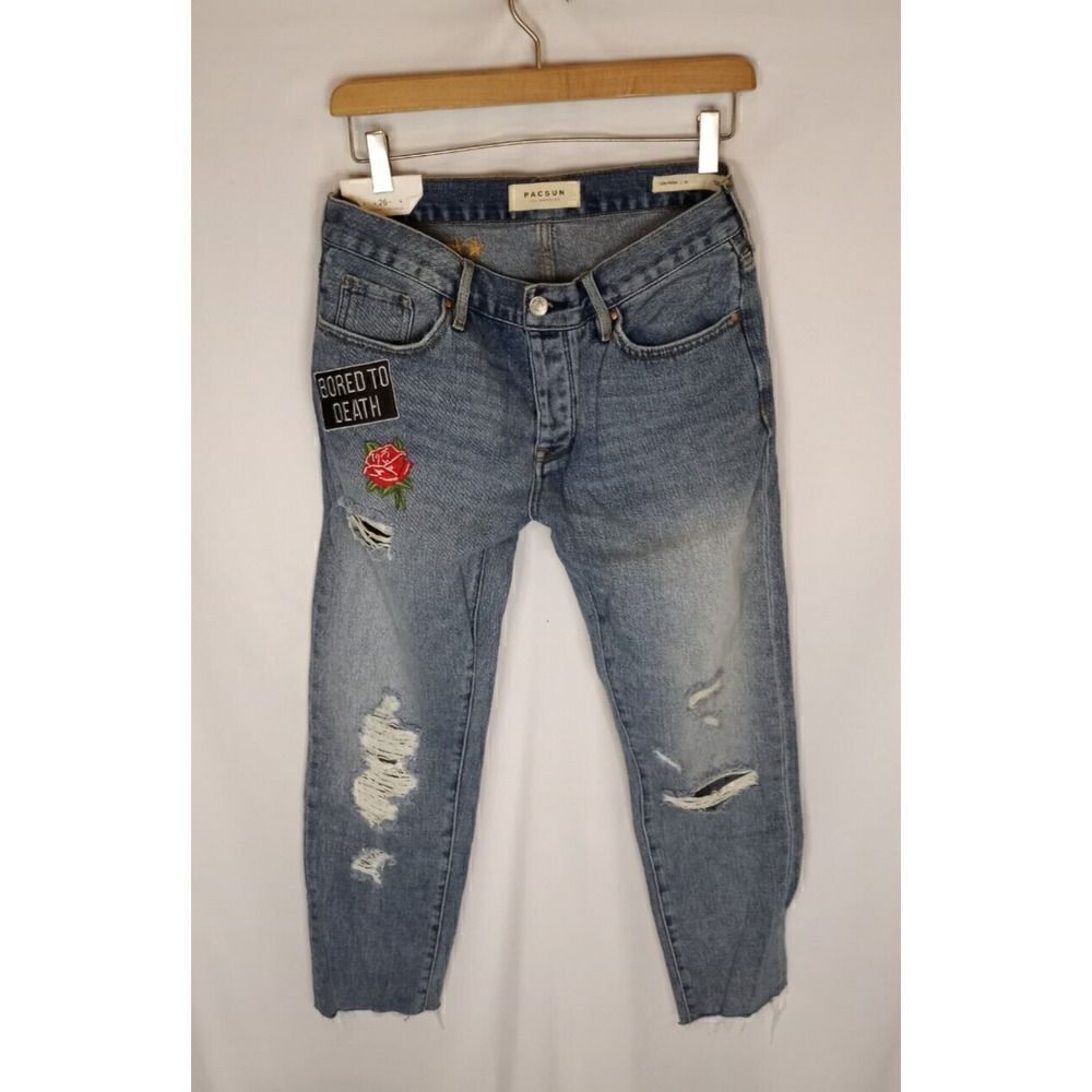 Pacsun Sz 26 Bored to Death Patch Jeans Skater Button Fly High Rise Ankle NWT